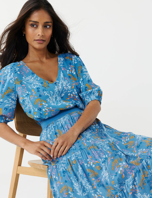 Chemisier boutonné imprimé fleuri, crépon (bleu) Chemisier boutonné imprimé fleuri, crépon (bleu)